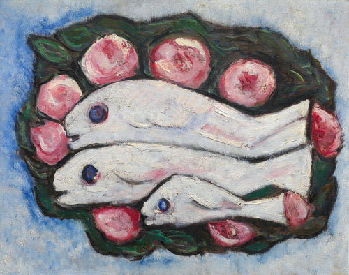 Marsden Hartley, Banquet in Silence (1936) — American Modernist still life, bold forms and rich earth tones influenced by Cézanne and German Expressionism. Archival giclée art print on fine art paper.