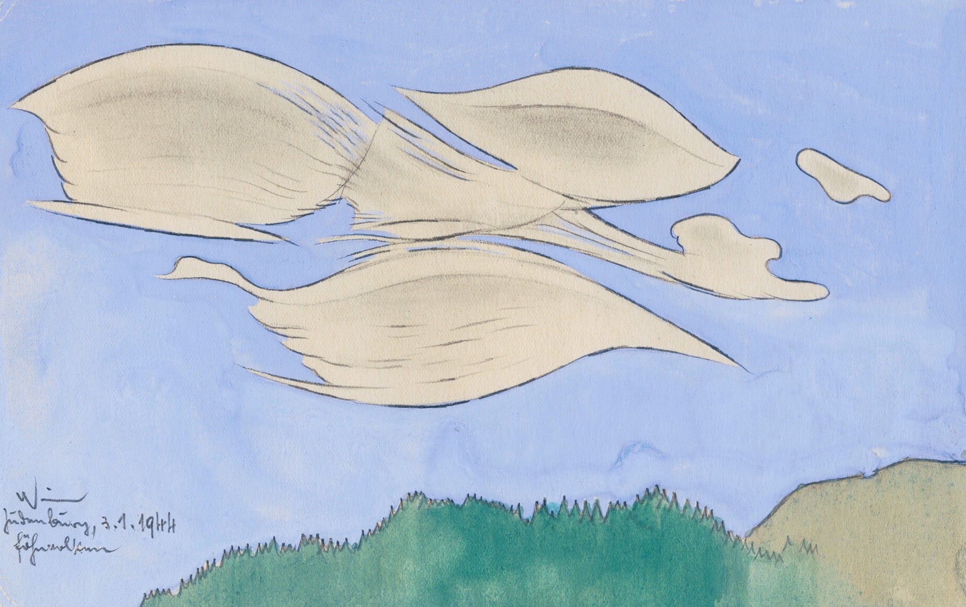 Clouds (1944) — mid-century modernist sky study, sweeping cloud forms in layered atmospheric color. Archival giclée art print on fine art paper.