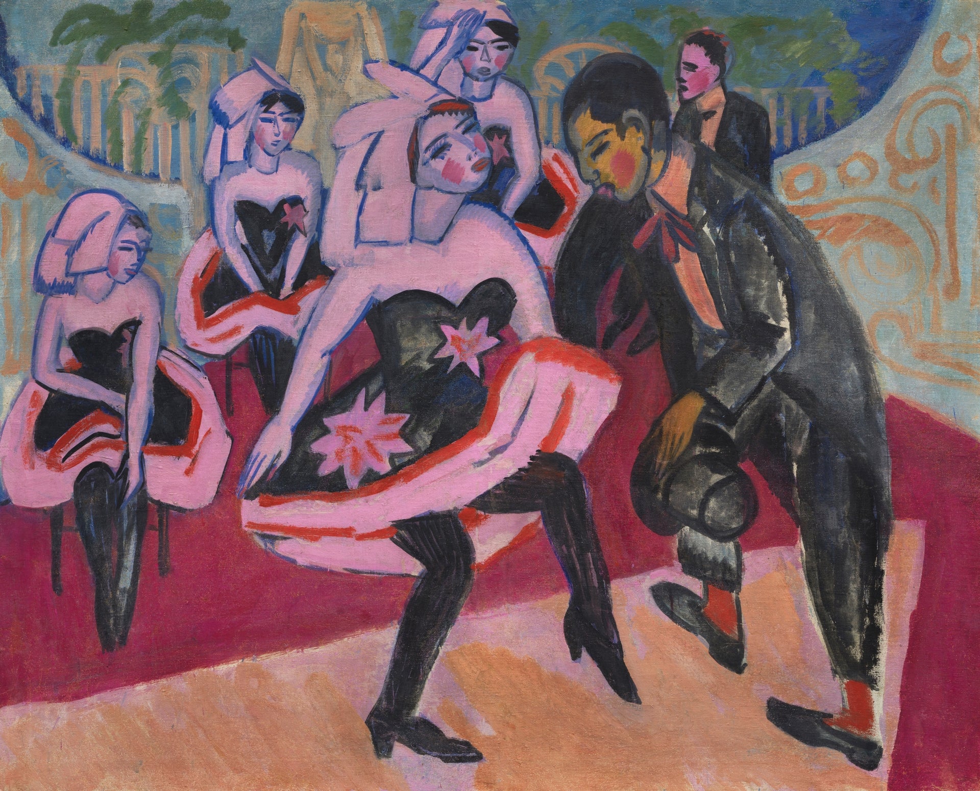 Ernst Ludwig Kirchner, Dancing in the Variety Theater (1911) — German Expressionist Die Brücke, electric figures in motion on a cabaret stage, bold fractured color. Archival giclée art print on fine art paper.