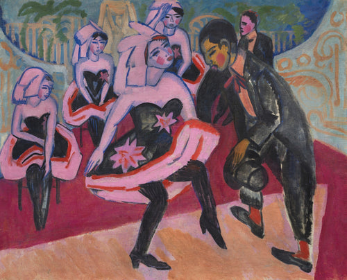 Ernst Ludwig Kirchner, Dancing in the Variety Theater (1911) — German Expressionist Die Brücke, electric figures in motion on a cabaret stage, bold fractured color. Archival giclée art print on fine art paper.