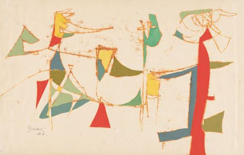 William Gear, Geometric Figures (1947) — Scottish CoBrA abstract painter, bold interlocking angular forms in black and primary color. Archival giclée art print on fine art paper.