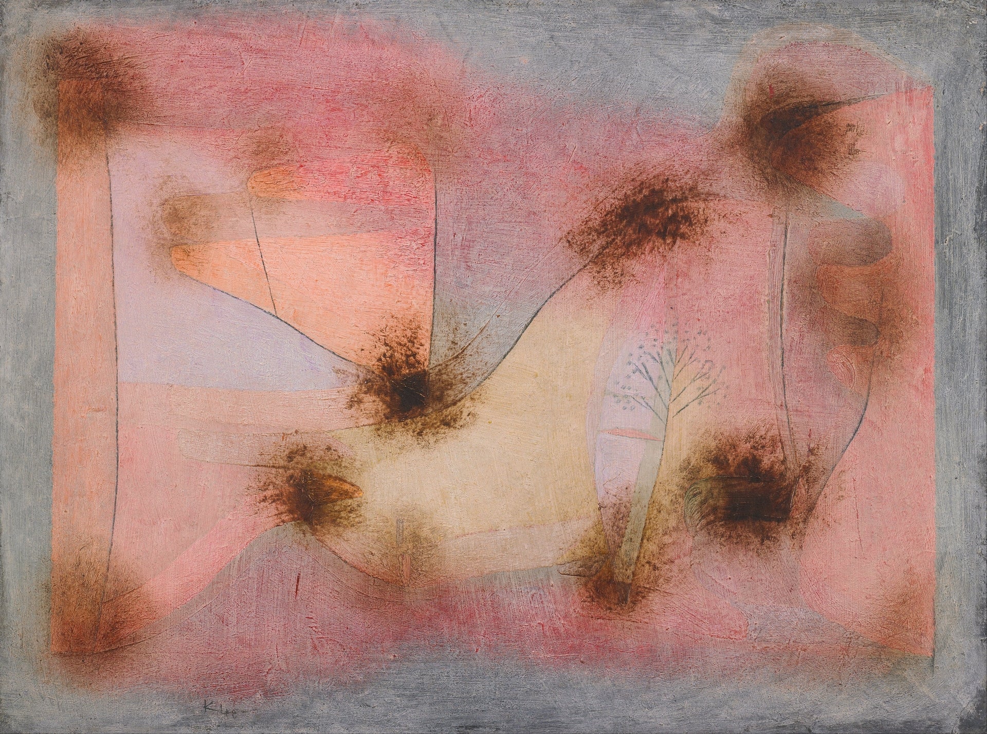 Paul Klee, Hardy Plants (1934) — Swiss-German Bauhaus master, botanical abstract with spiky plant forms over a warm layered ground. Archival giclée art print on fine art paper.