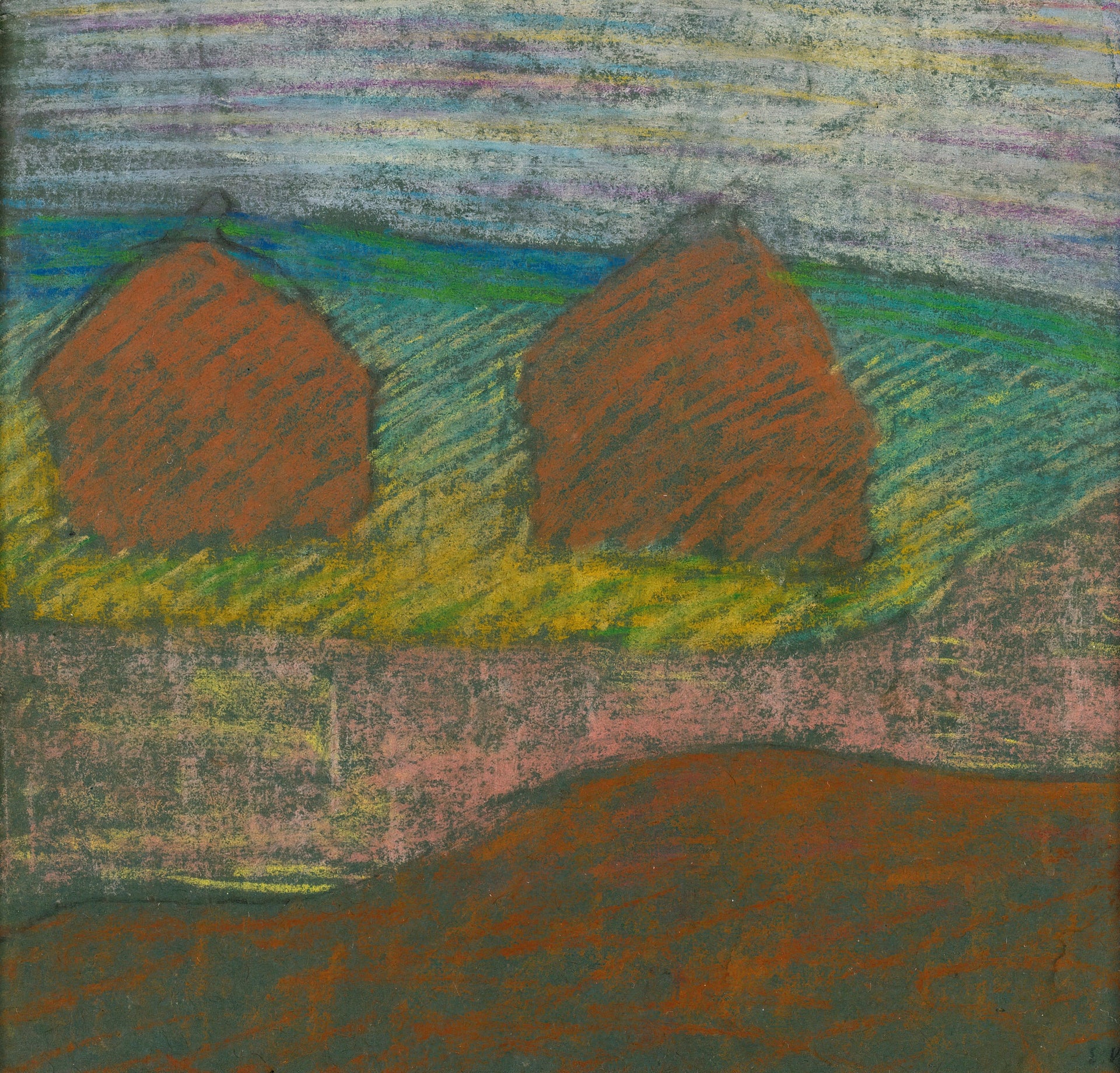 Édouard Vuillard, Haystacks (1890) — French Nabis painter, pastoral landscape with haystacks in rich layered color and flattened perspective. Archival giclée art print on fine art paper.