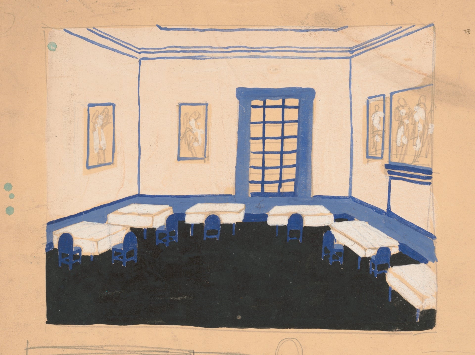 Interior Study (1919) — early modernist interior painting, a domestic space rendered in geometric planes of color and light. Archival giclée art print on fine art paper.