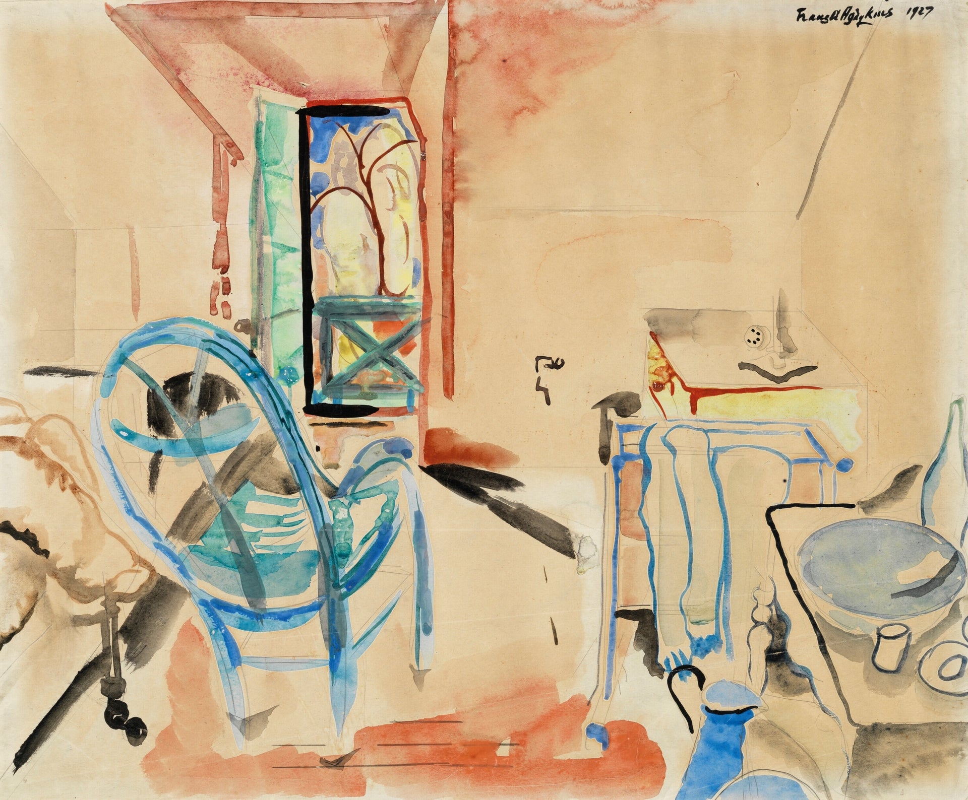 Frances Hodgkins, Interior with Blue Chair (1927) — New Zealand-British modernist, softly lit interior with a blue chair in loose gestural watercolor and warm color. Archival giclée art print on fine art paper.