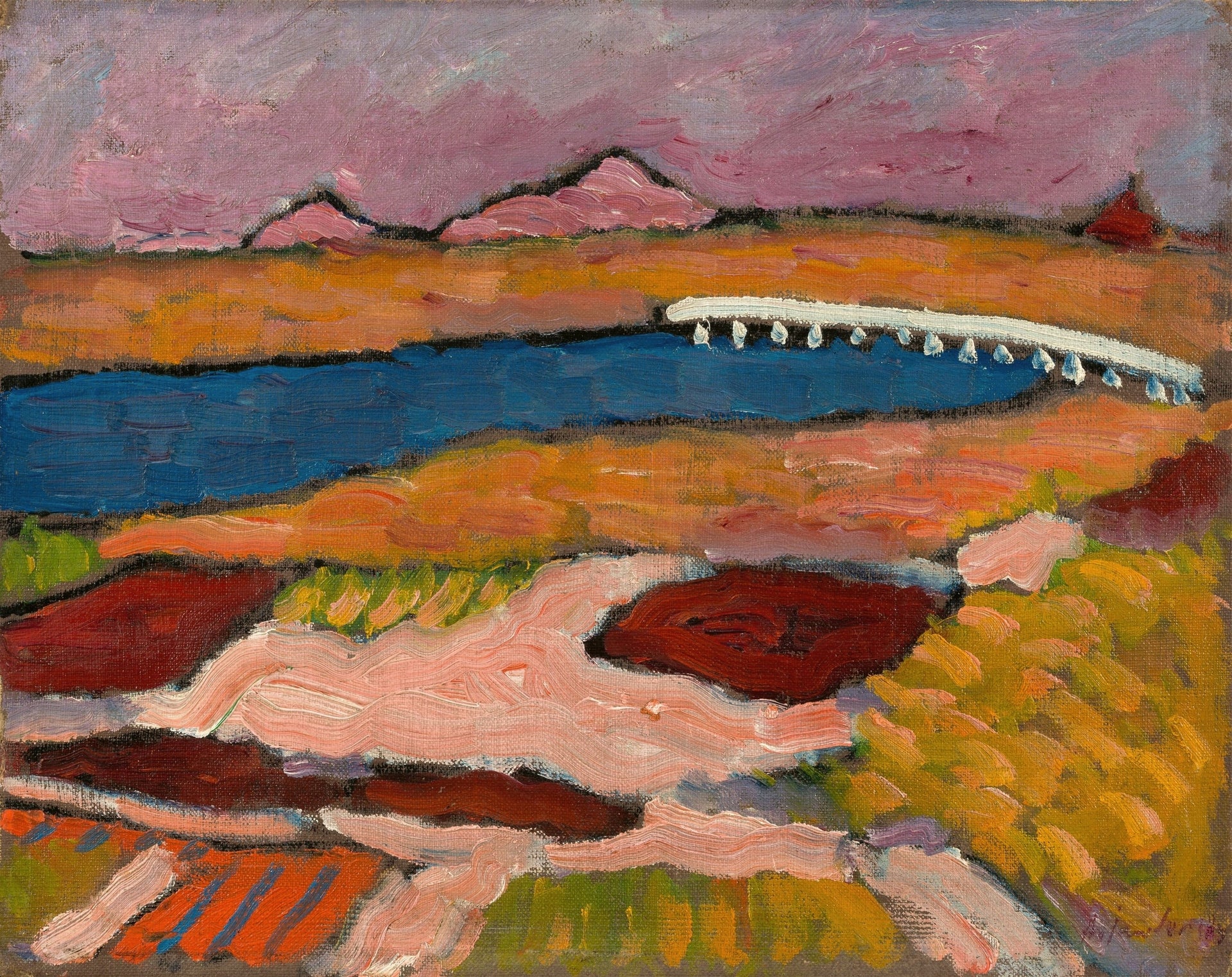 Alexej von Jawlensky, Landscape with Bridge — Russian-German Expressionist, vivid Bavarian landscape with bridge rendered in bold simplified color and strong outlines. Archival giclée art print on fine art paper.