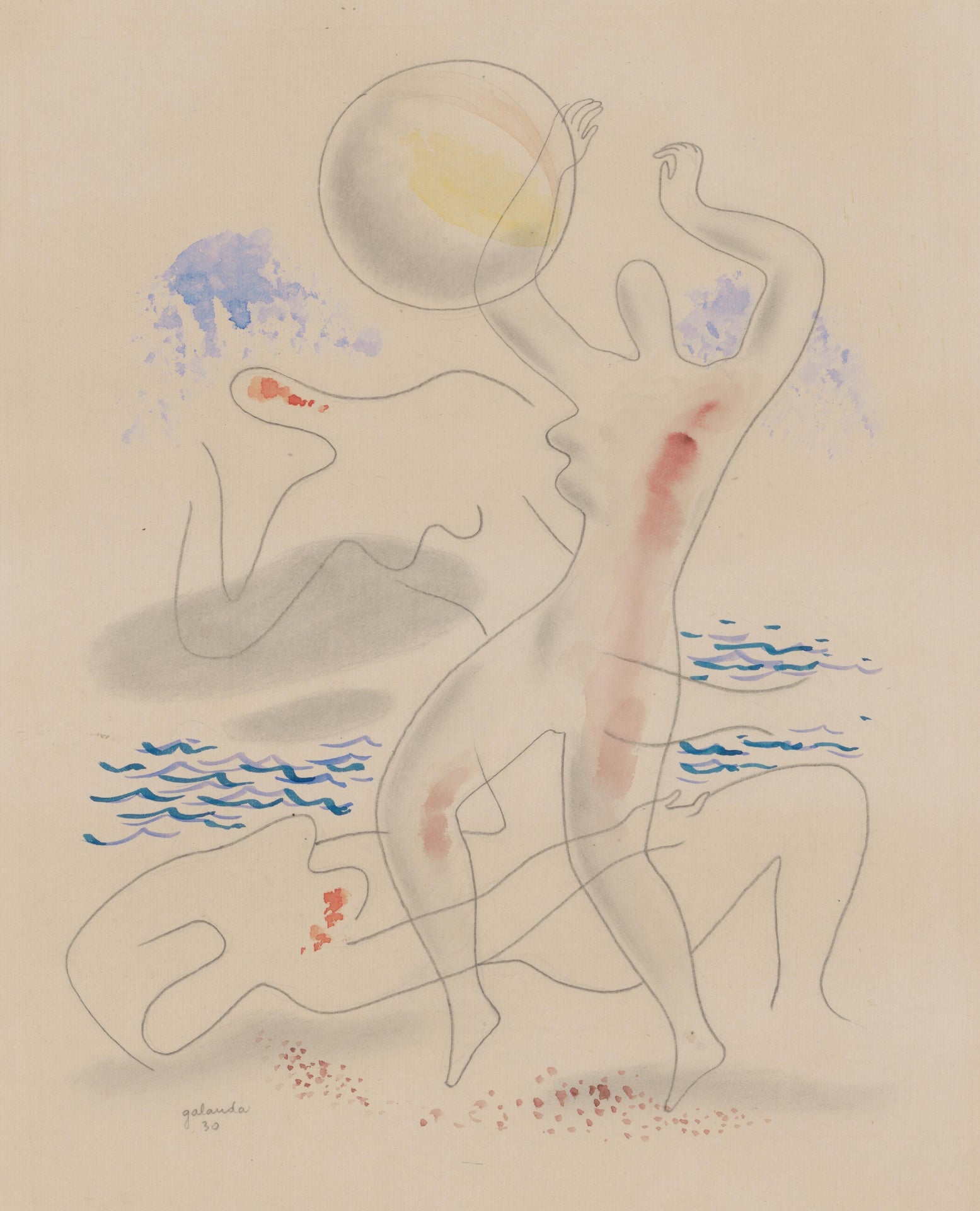 Mikuláš Galanda, Playing with a Ball (1930) — Slovak modernist painter, bold figurative scene of figures in motion, simplified folk-influenced forms in vivid color. Archival giclée art print on fine art paper.