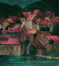 Maximilian Reinitz, Red Roofs (1927) — German Expressionist painter, aerial cityscape with vivid red tile rooftops in bold flattened color. Archival giclée art print on fine art paper.