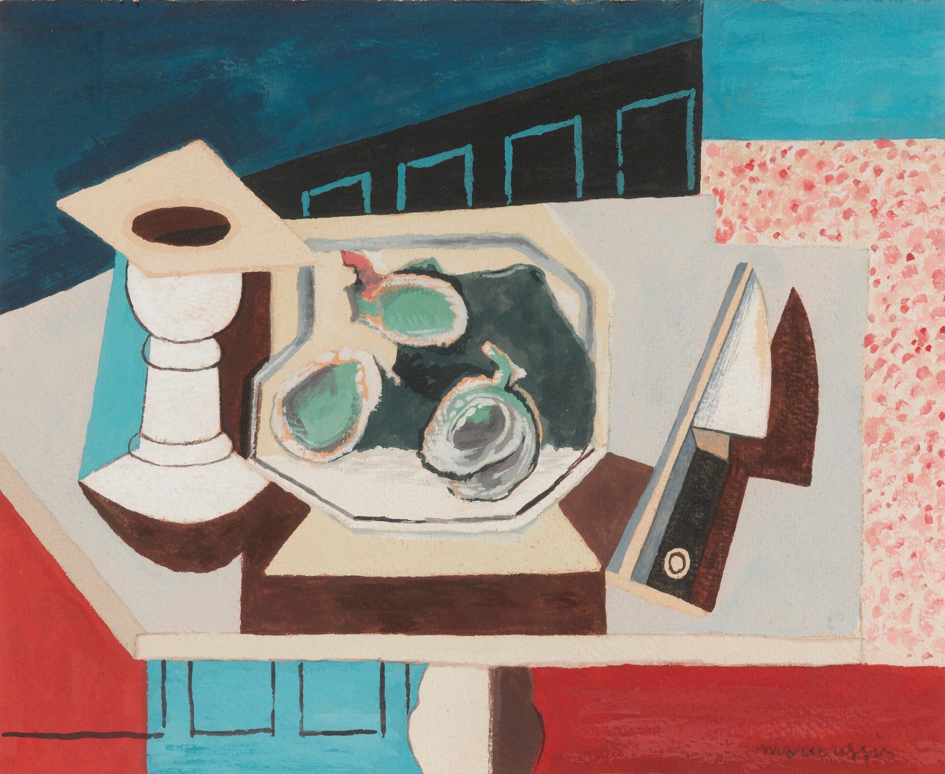 Still Life (1925) — mid-twenties modernist still life painting, tabletop arrangement of objects in warm layered color. Archival giclée art print on fine art paper.