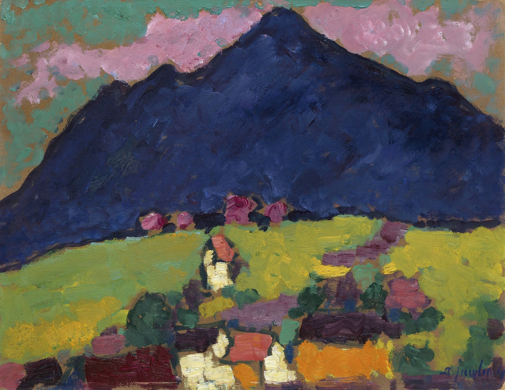 Alexej von Jawlensky, Summer Evenings in Murnau (1910) — Russian-German Expressionist, vivid Bavarian landscape at dusk with bold flat color and dark outlines. Archival giclée art print on fine art paper.