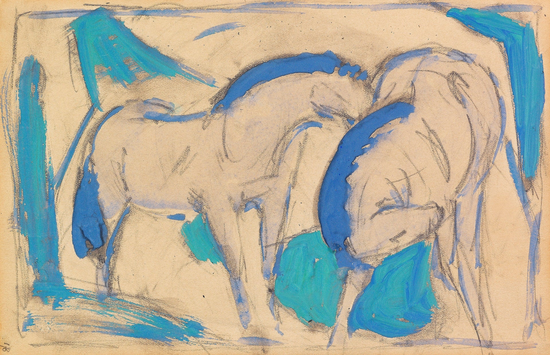  Franz Marc, Two Horses (1911) — German Expressionist Der Blaue Reiter, two horses in vivid blue-green color with bold simplified forms. Archival giclée art print on fine art paper.
