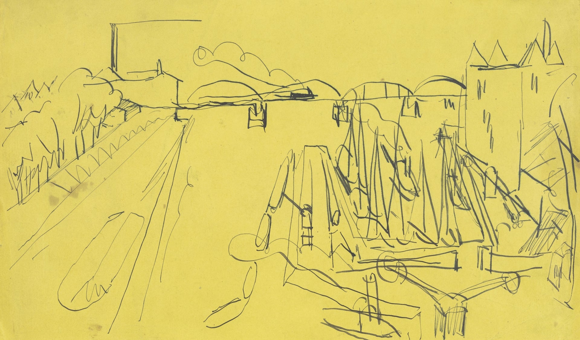 Ernst Ludwig Kirchner, West Harbor (1916) — German Expressionist, harbor scene with boats and waterfront buildings in bold angular color and fractured perspective. Archival giclée art print on fine art paper.