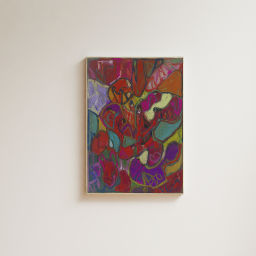 Abstract expressionist painting, dense interlocking biomorphic forms in magenta, red, teal, purple, and yellow-green, richly colored mid-century abstraction, fine art giclée print
