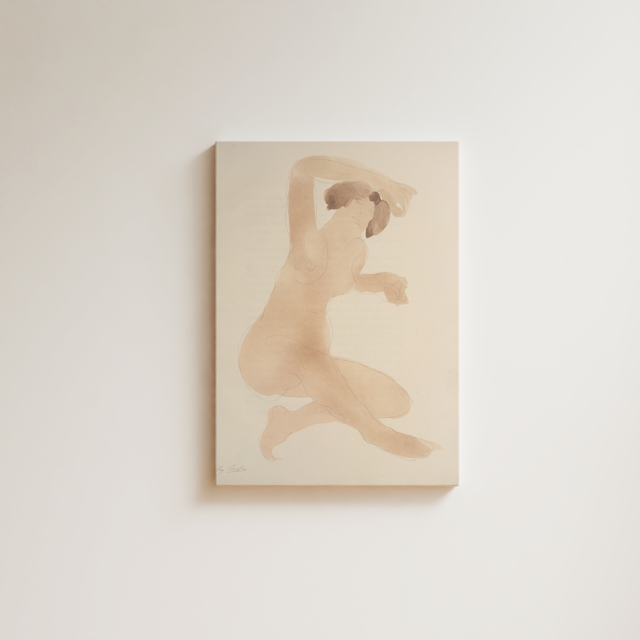 Auguste Rodin watercolor figure study, crouching nude dancer in warm sepia wash on near-white ground, fluid and gestural, characteristic late Rodin movement study, fine art giclée print