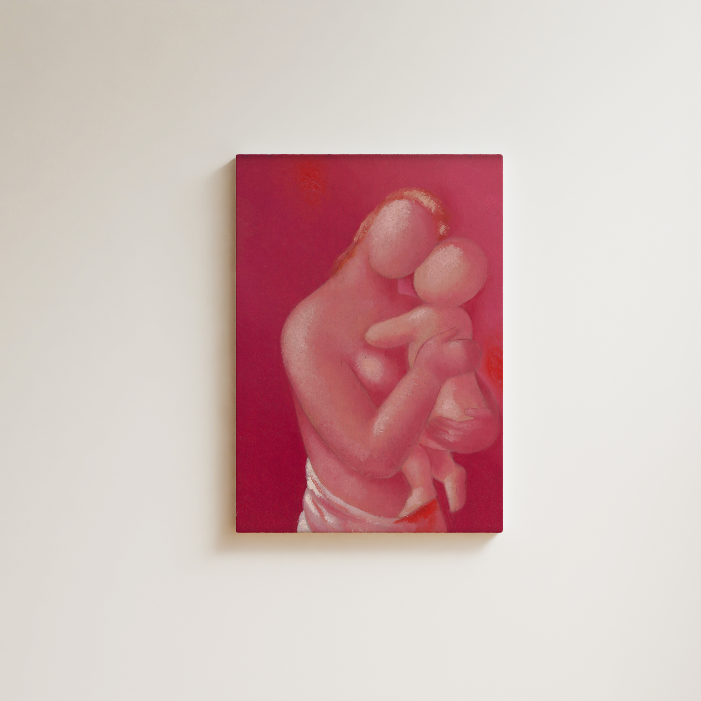 Close-up figurative painting of a clenched fist holding a small object, flesh tones rendered against a deep crimson-magenta ground, visceral and intimate figurative oil painting, fine art giclée print