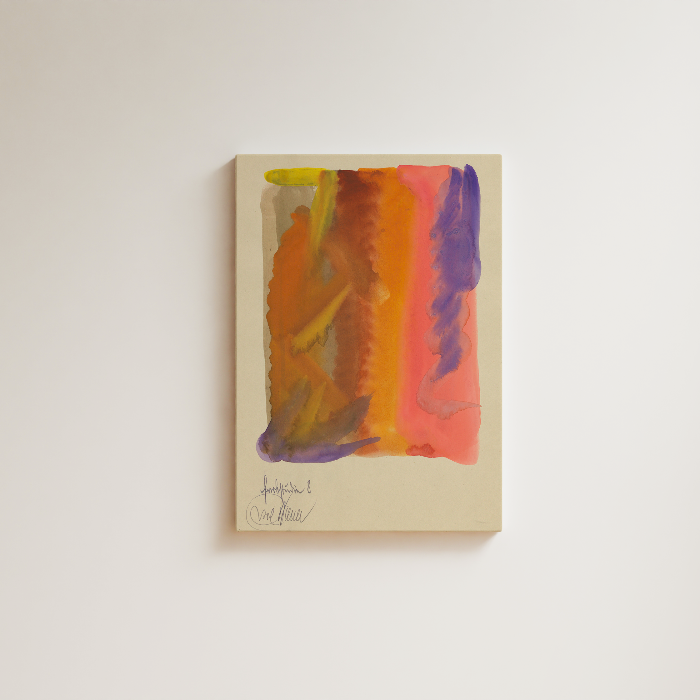 Color field abstract watercolor, vertical washes of orange, coral pink, and purple on cream ground with yellow accent, gestural mid-century abstraction, fine art giclée print