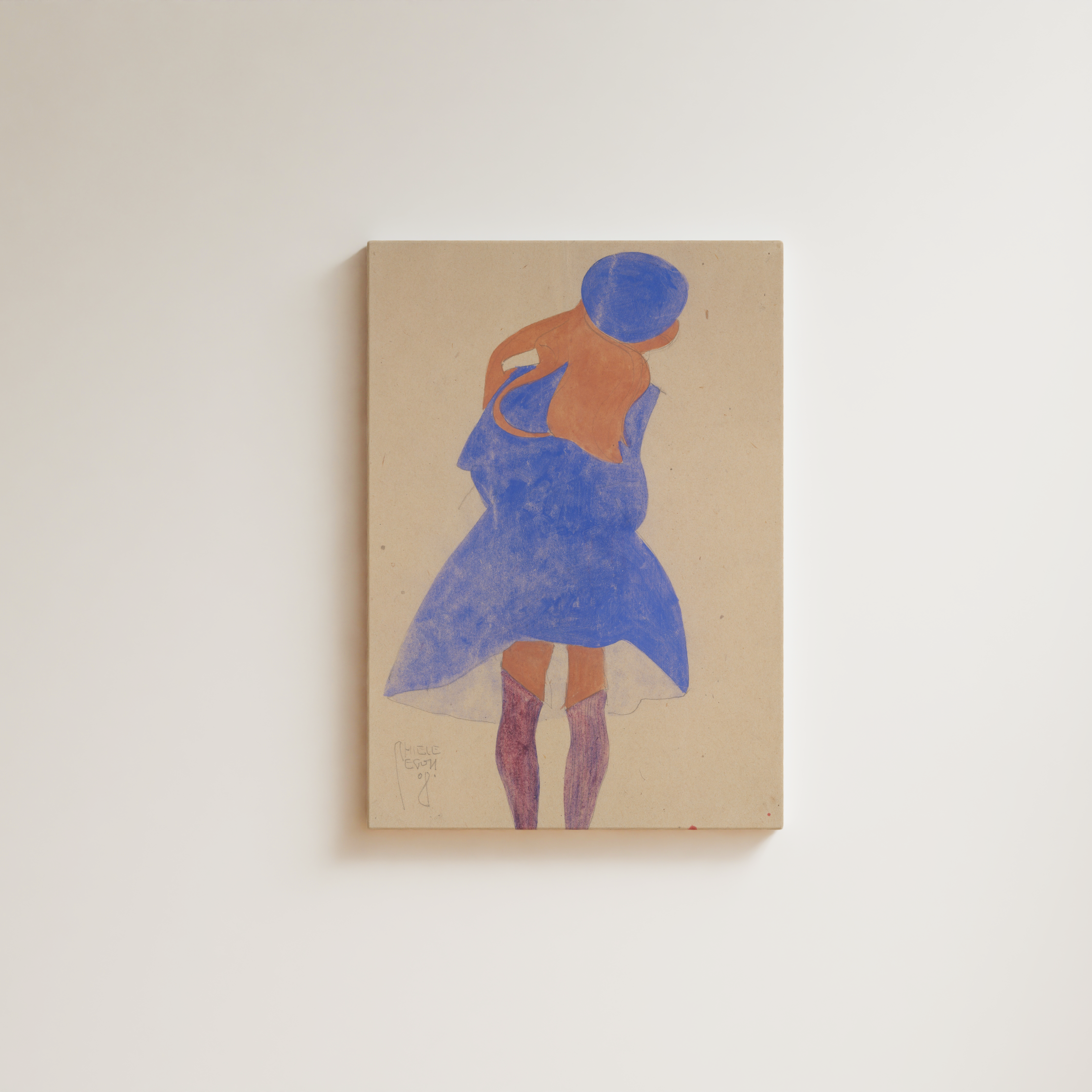 Egon Schiele figurative drawing, female figure seen from behind in a blue dress and purple boots with a blue beret, terracotta skin tones on warm tan ground, Viennese Expressionist chalk drawing, fine art giclée print