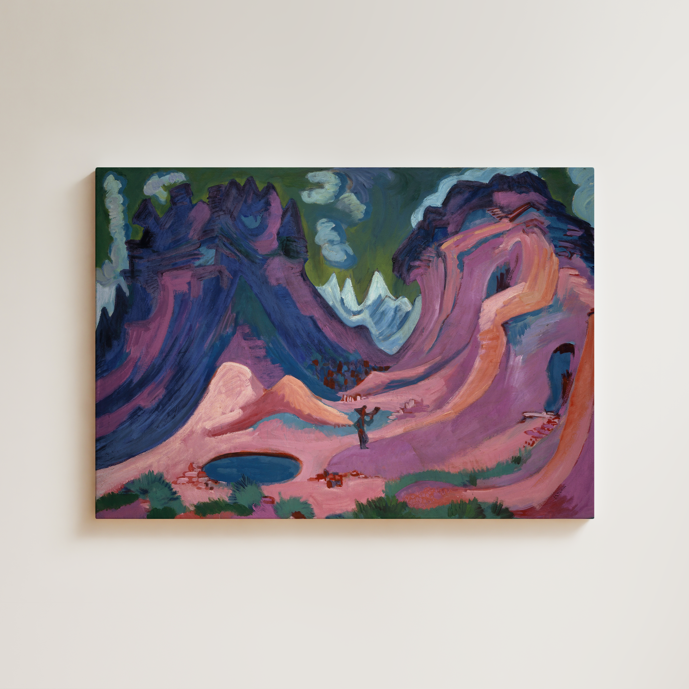 Ernst Ludwig Kirchner expressionist Alpine mountain landscape, swirling purple and pink peaks with a lone figure near a blue pool, snow-capped mountains in the distance, fine art giclée print