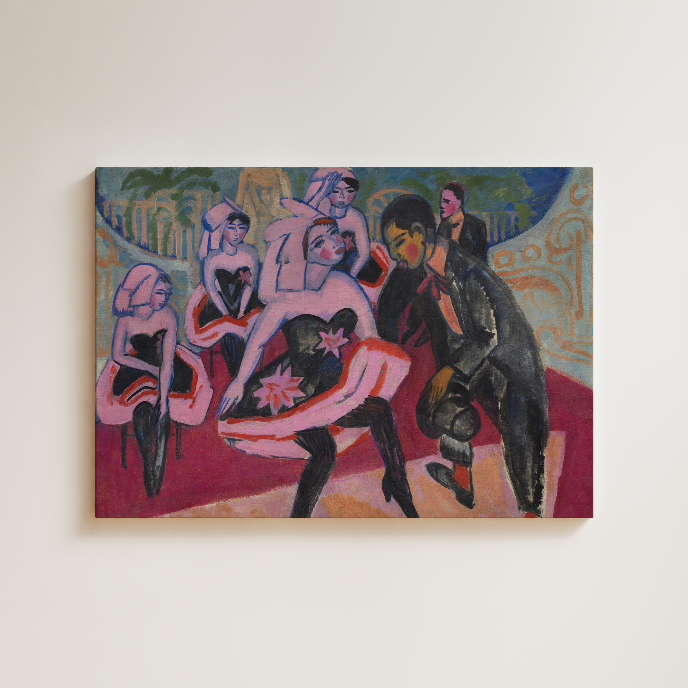 Ernst Ludwig Kirchner expressionist cabaret scene, showgirls in black corsets and pink ruffled skirts with a suited male figure, bold magenta and dark green palette against a decorative backdrop, Berlin period, fine art giclée print