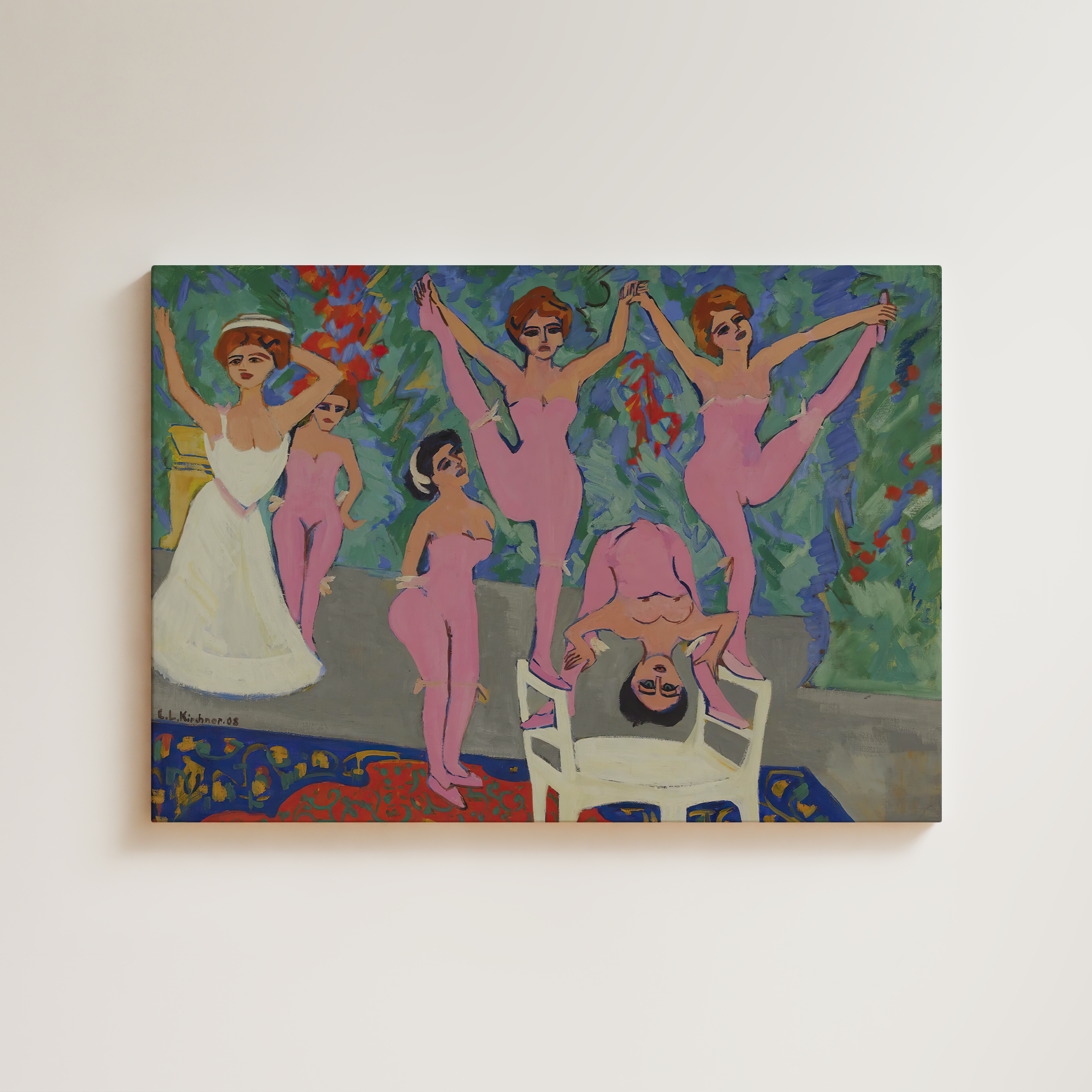 Ernst Ludwig Kirchner variety performance scene, 1908, pink-clad dancers and an acrobat on a chair before a lush green backdrop, early Brücke period expressionist figure painting, fine art giclée print