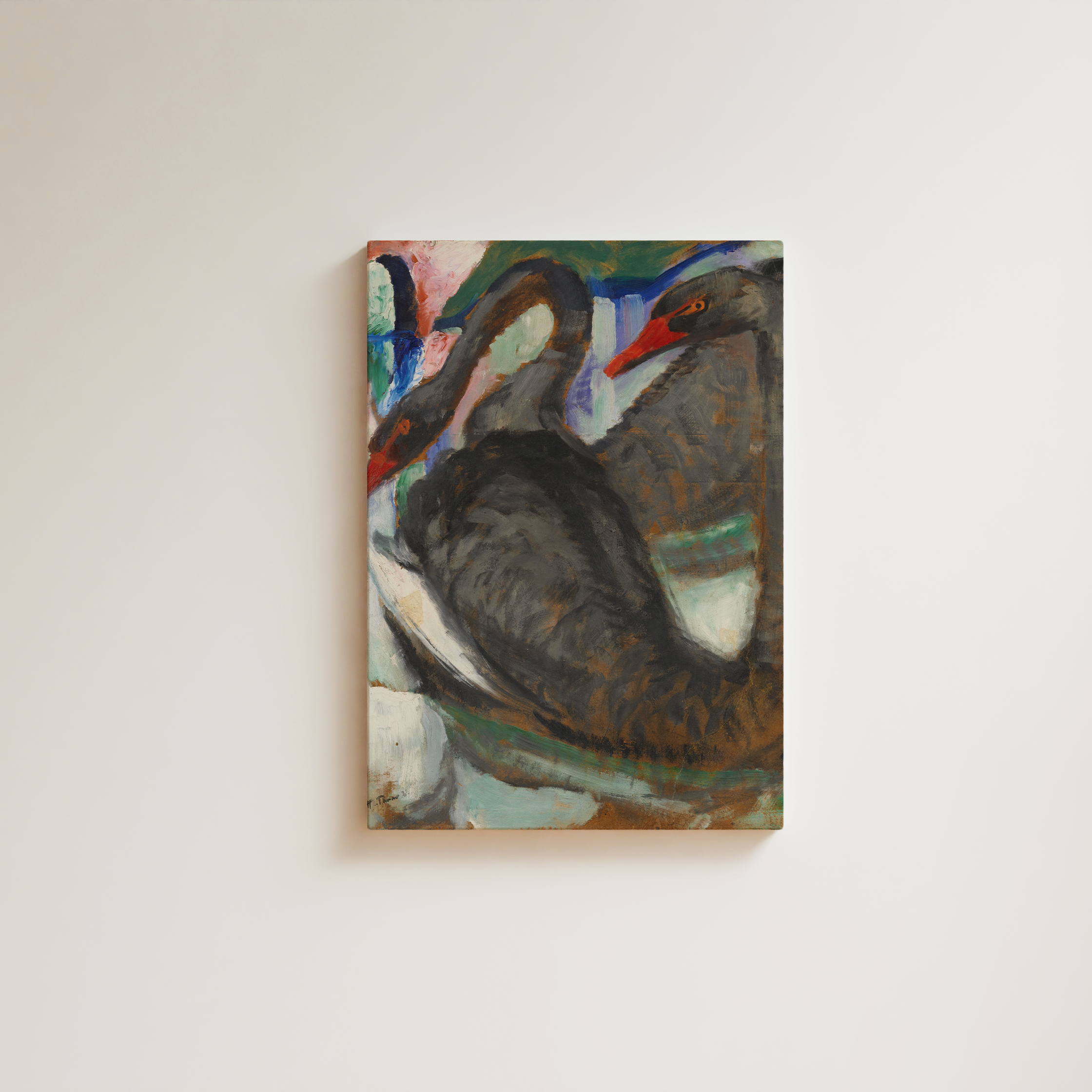 Expressionist painting of two black swans with red beaks, close-up composition against an abstract colorful background in green, blue, and pink, bold modernist brushwork, fine art giclée print