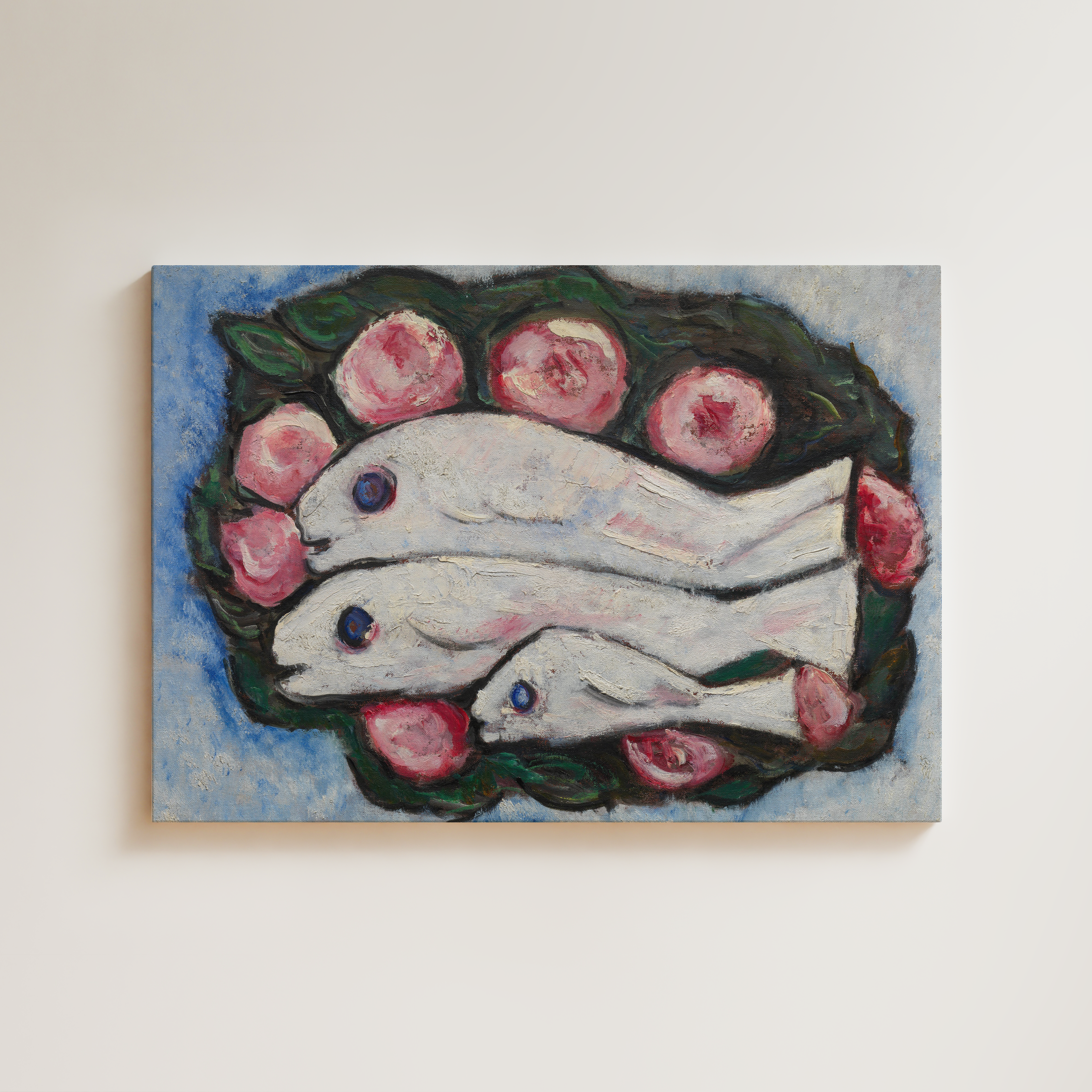 Expressionist still life, three white fish with blue eyes arranged on a dark wreath of green leaves and pink roses against a blue ground, bold impasto brushwork, decorative modernist composition, fine art giclée print