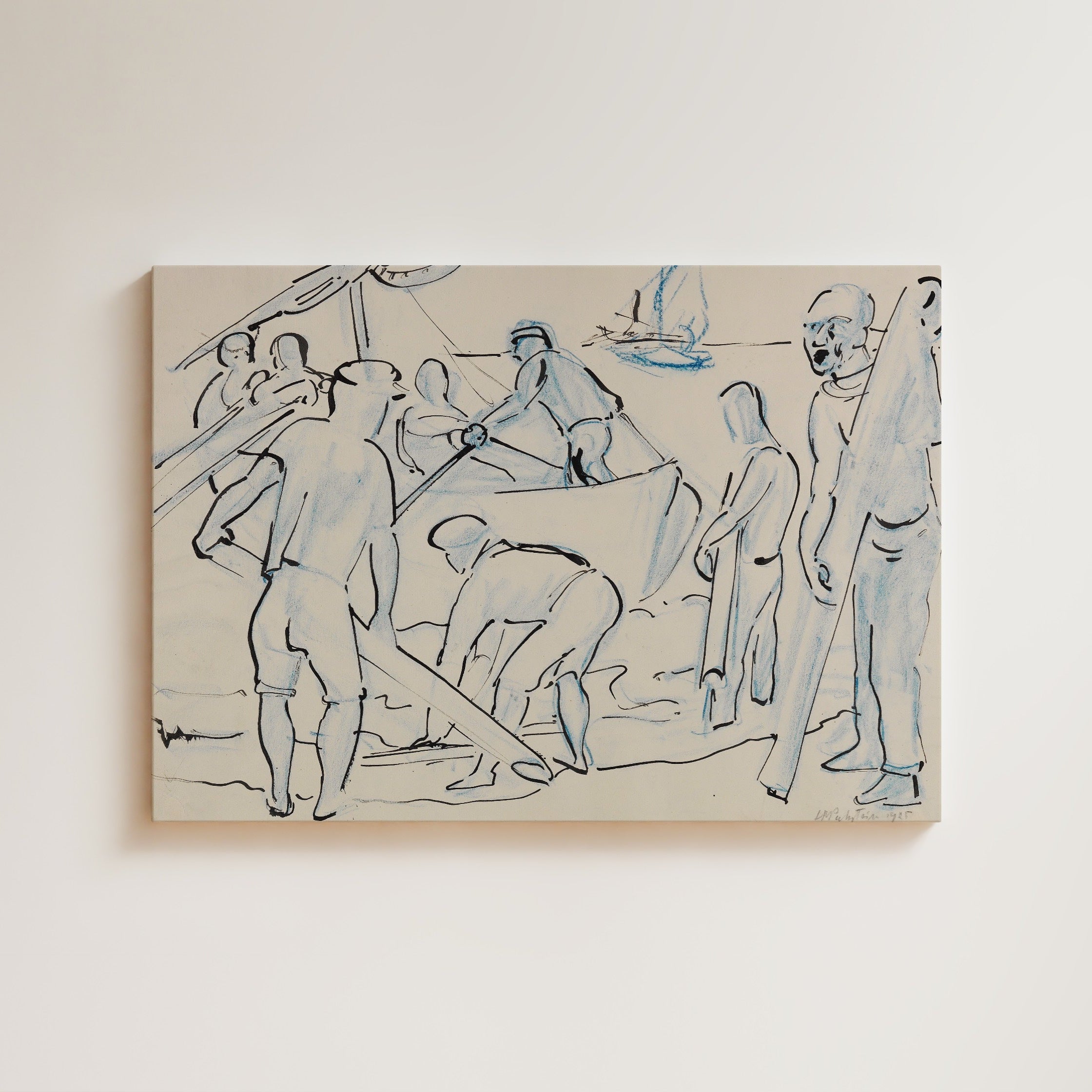 Ink and blue chalk drawing of sailors working with rigging and a sailboat, energetic figurative line work on cream ground, modernist nautical scene, fine art giclée print