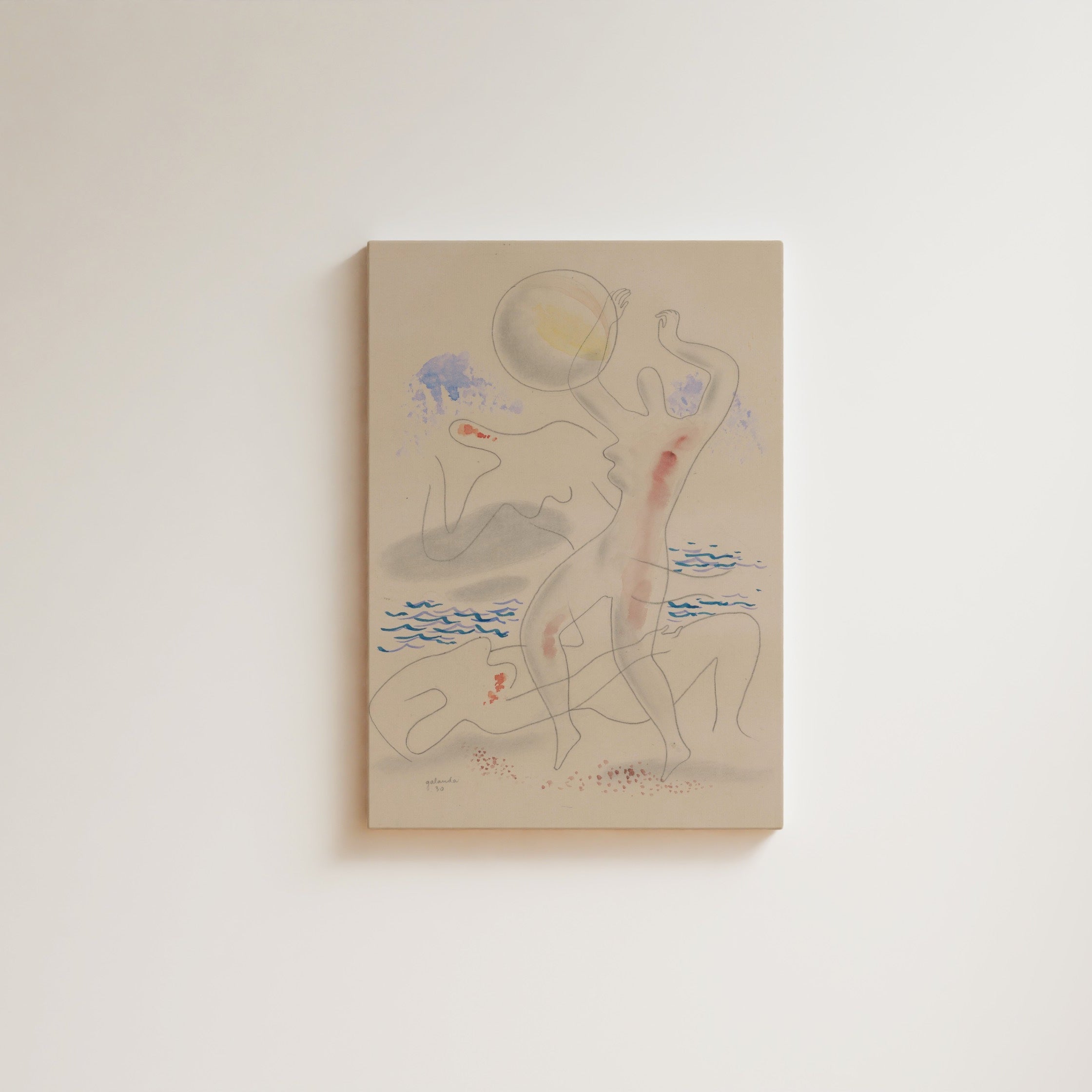 Surrealist figurative watercolor and ink, flowing line drawing of a nude figure near water with sun, blue wave marks and soft color accents on warm ground, fine art giclée print