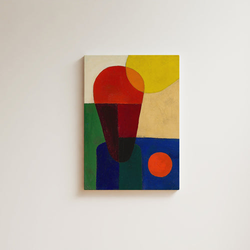Geometric abstract painting, large red ovoid form overlapping a yellow arc with a small orange circle at their intersection, blue ground with a red circle below, bold primary color composition, fine art giclée print