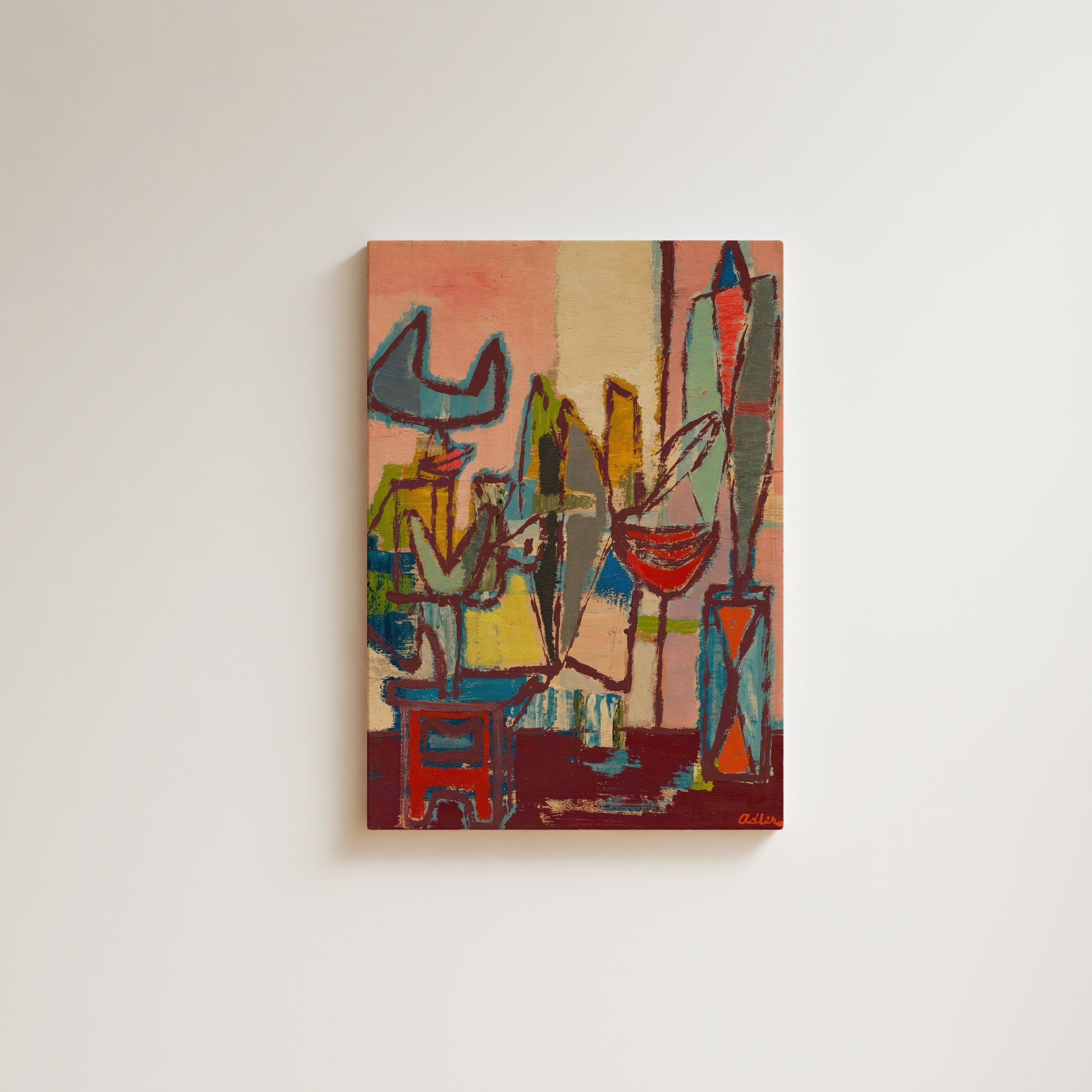 Jankel Adler Cubist-influenced composition, fragmented figures and objects in warm salmon, teal, yellow, and dark red, energetic mid-century studio scene, fine art giclée print