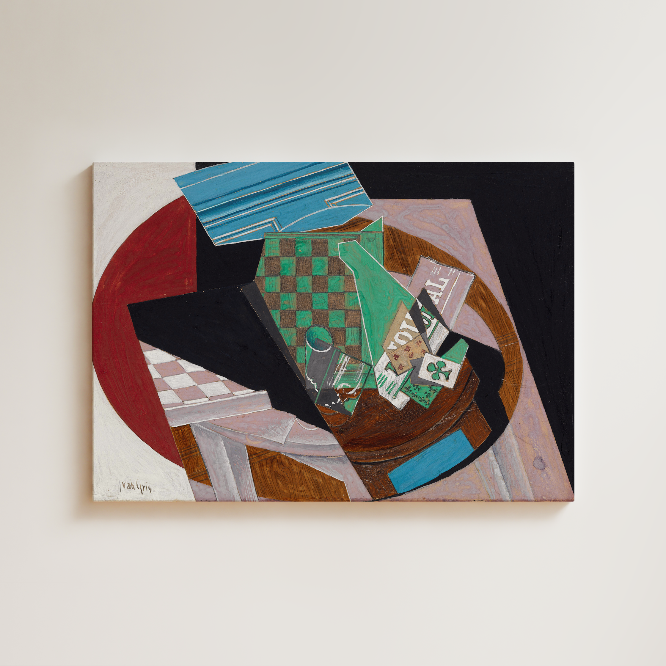 Juan Gris Synthetic Cubist still life, checkerboard, playing cards, and a glass on a round table, bold geometric forms in green, teal, red, and black, fine art giclée print