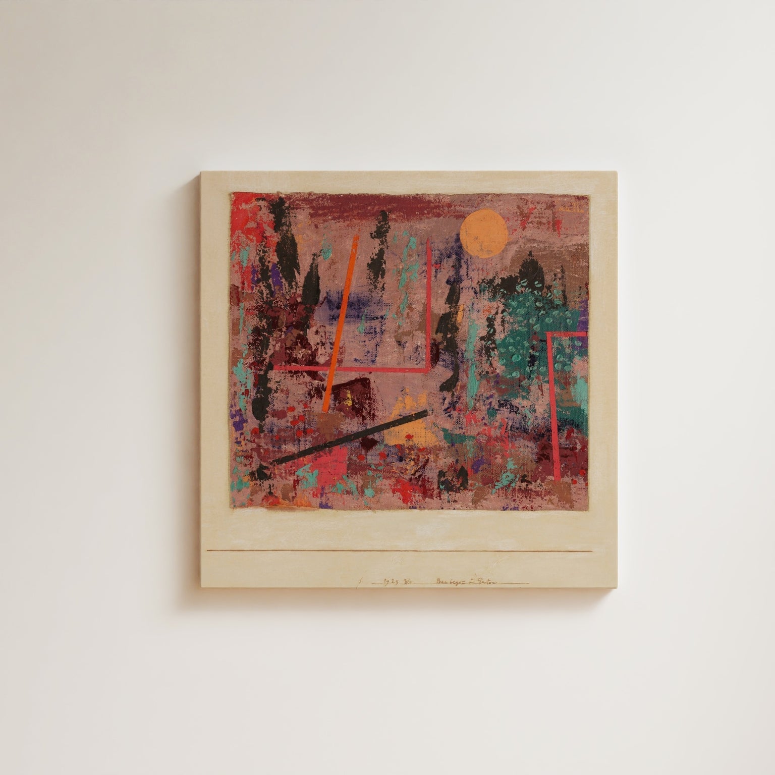Paul Klee, Baubeginn im Garten (1929) — Bauhaus-era abstract painting with geometric forms suggesting garden construction. Archival giclée art print on fine art paper.