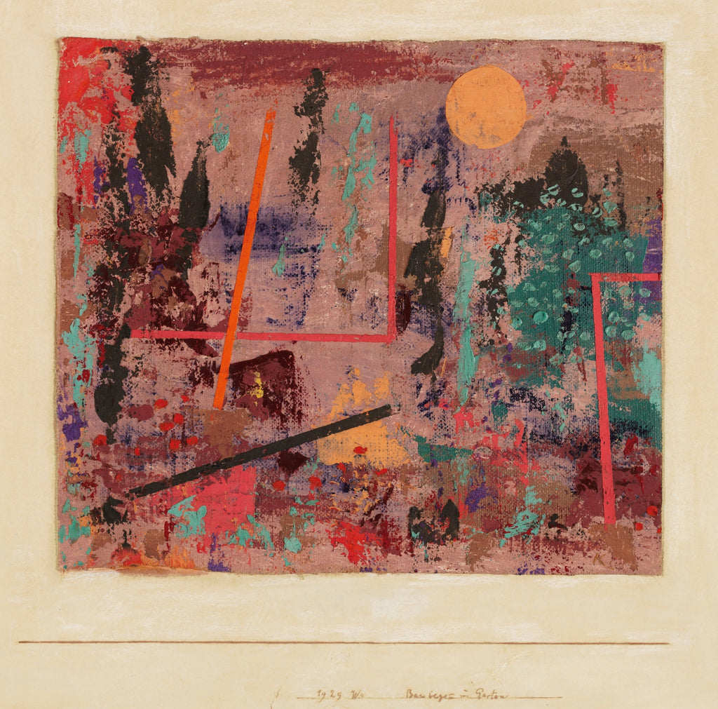 Paul Klee, Baubeginn im Garten (1929) — Bauhaus-era abstract painting with geometric forms suggesting garden construction. Archival giclée art print on fine art paper.