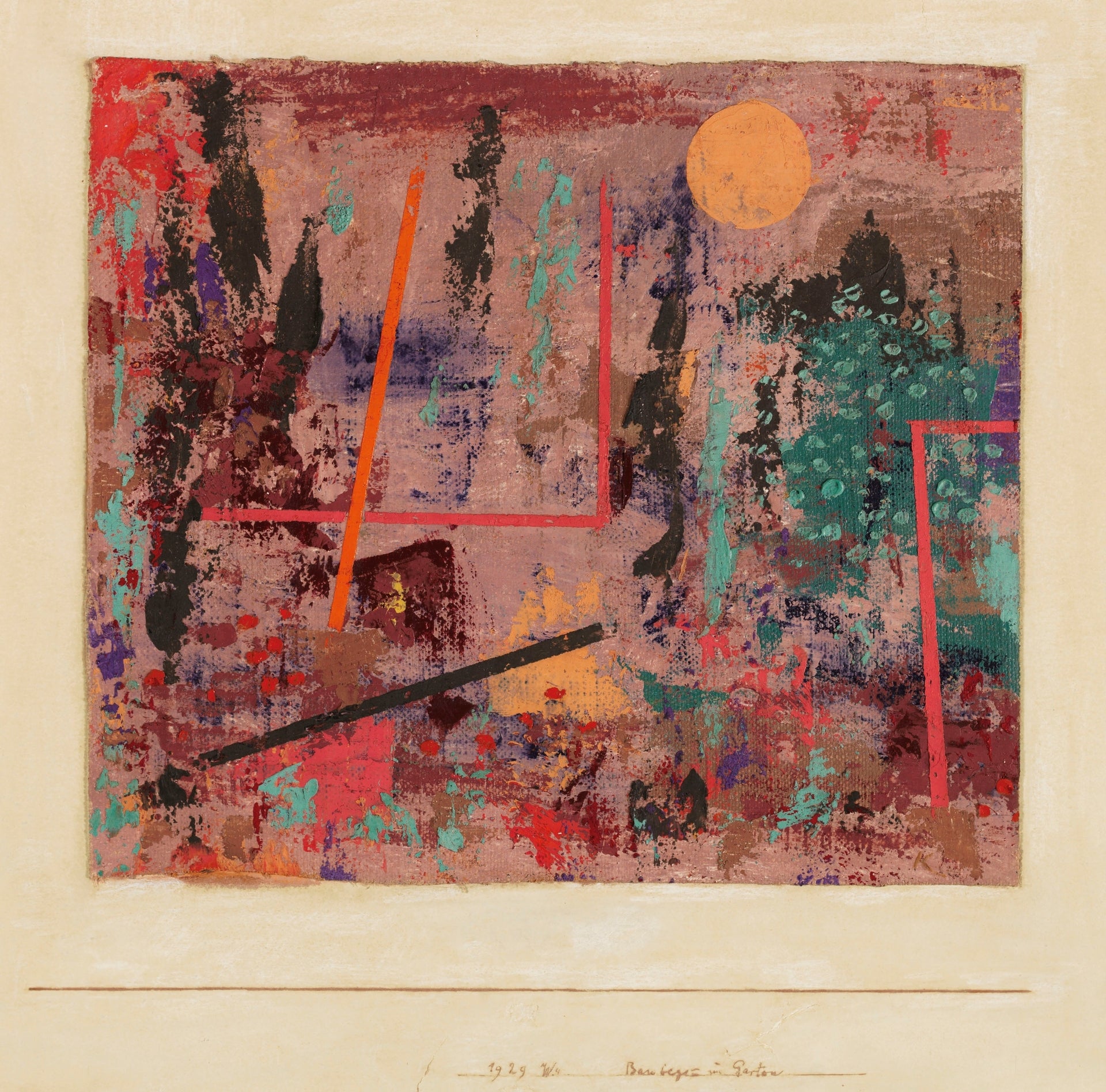 Paul Klee, Baubeginn im Garten (1929) — Bauhaus-era abstract painting with geometric forms suggesting garden construction. Archival giclée art print on fine art paper.