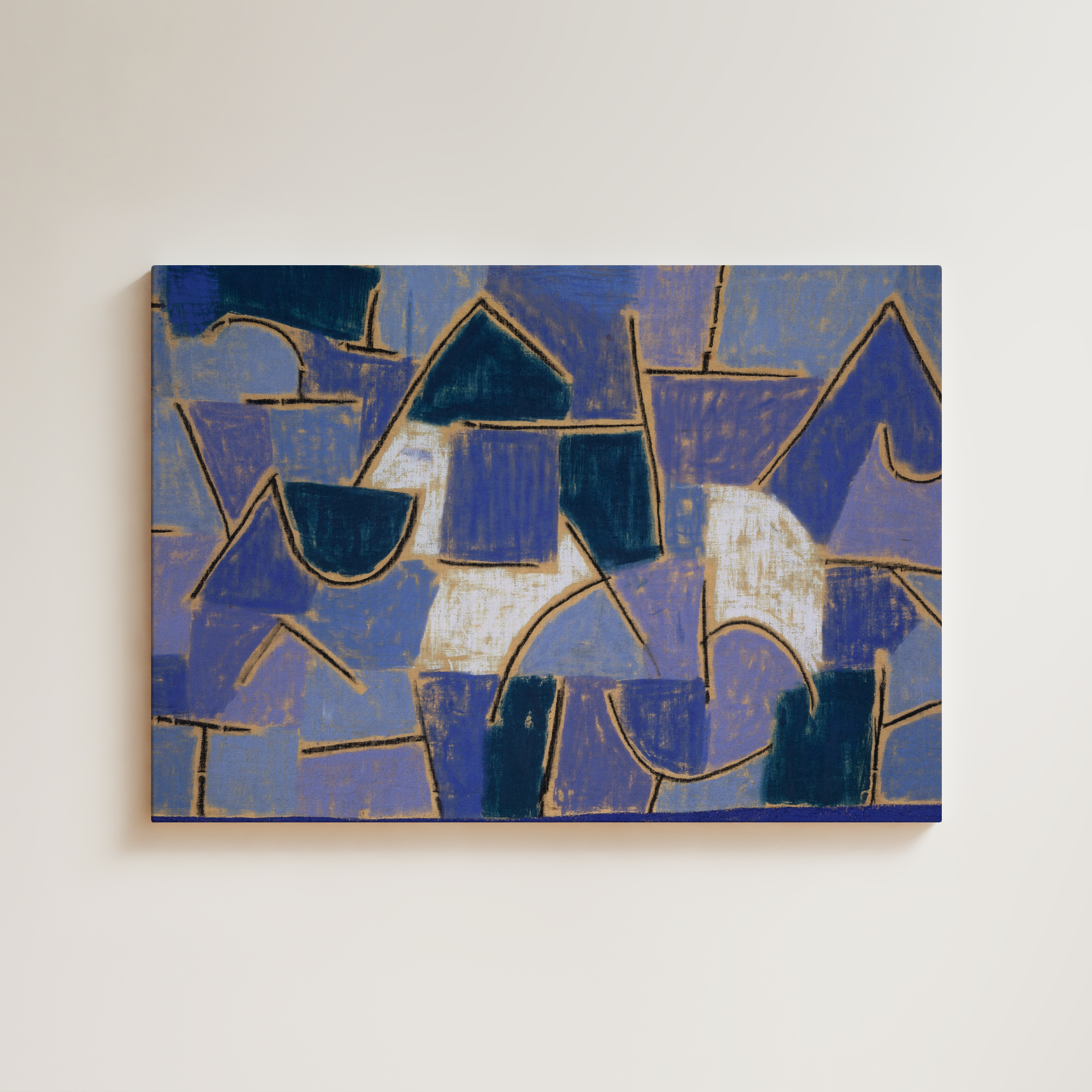 Paul Klee abstract architectural composition in deep blue and teal, geometric forms suggesting rooftops and arches over textured ground, late Bauhaus period, fine art giclée print