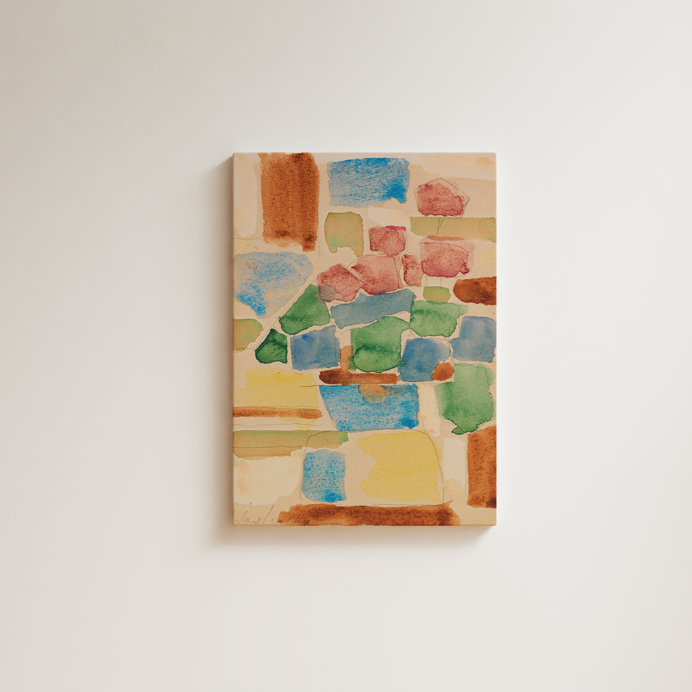 Paul Klee abstract flower still life watercolor, color block bouquet in pink, blue, and green on warm cream ground, fine art giclée print