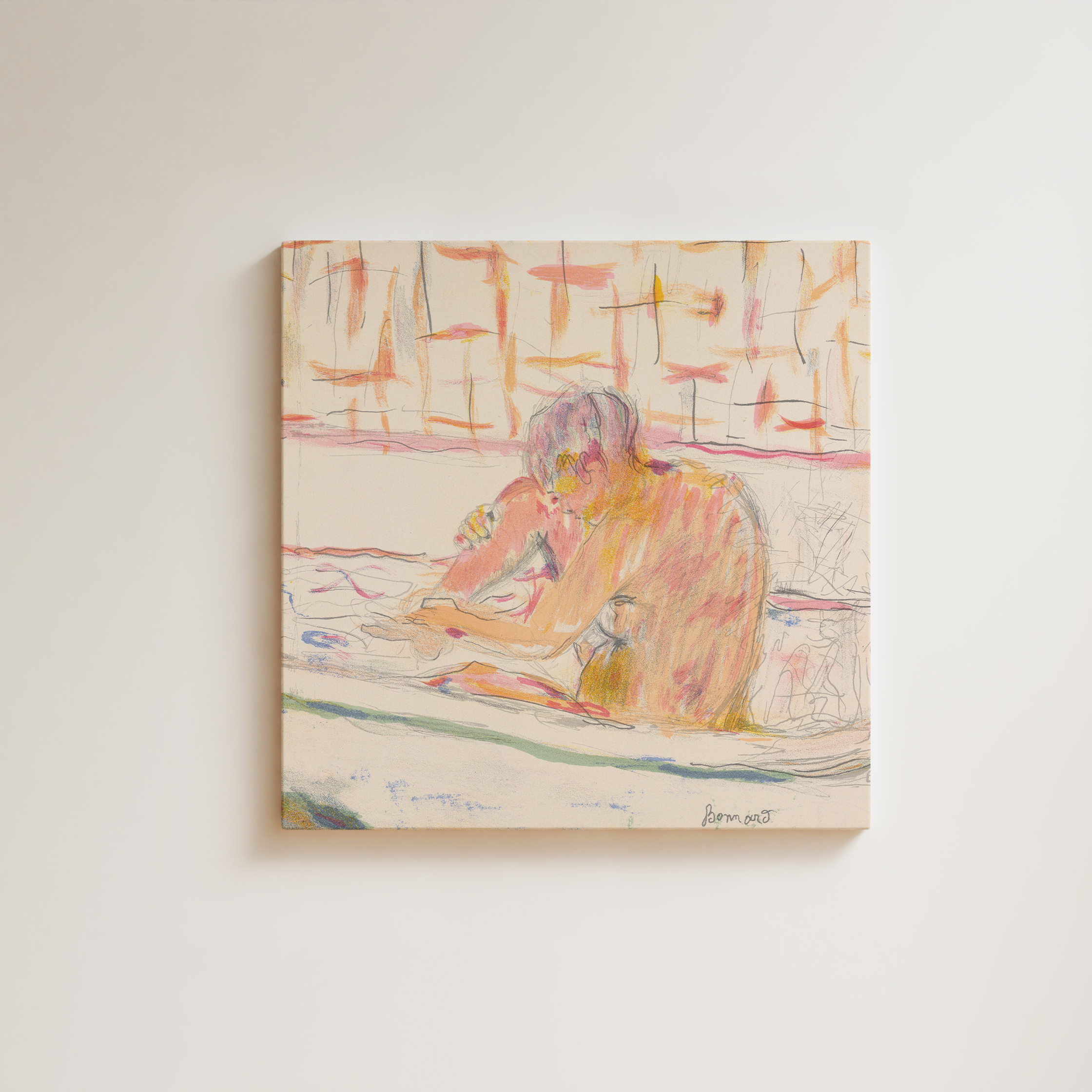 Pierre Bonnard intimate interior drawing, nude figure leaning over a bathtub in soft pink, peach, and yellow chalk, patterned wall behind, Post-Impressionist domestic scene, fine art giclée print