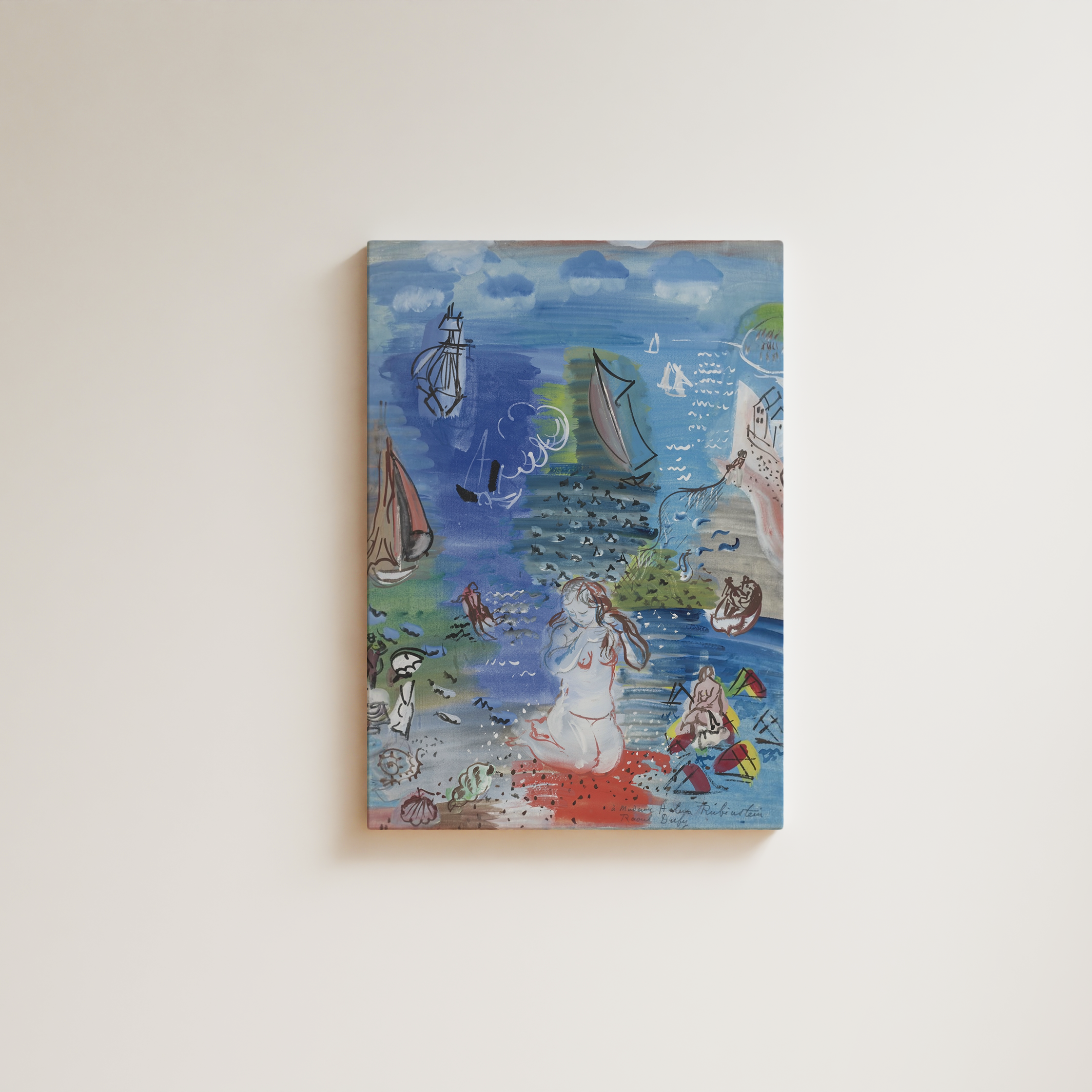 Raoul Dufy seaside scene, watercolor washes with ink line drawing of sailboats, a nude figure on the shore, and beach visitors, characteristic blue Fauve palette, fine art giclée print