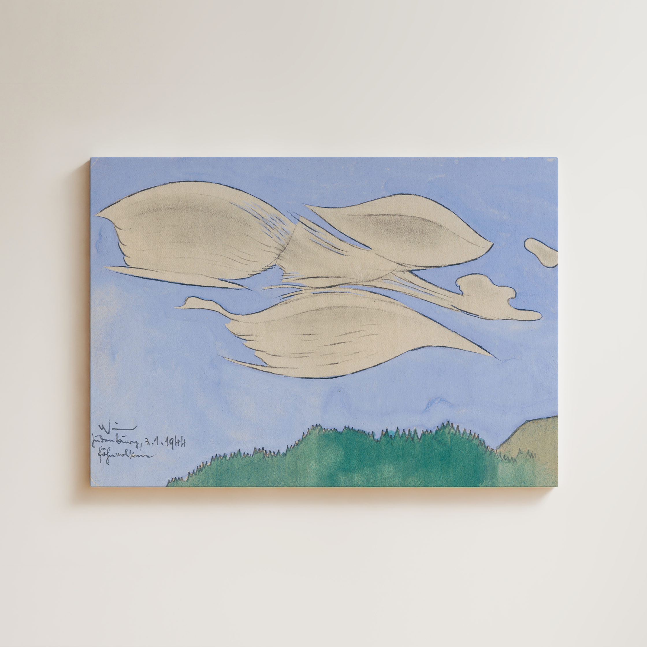Watercolor of three stylized pale birds in flight against a blue sky over a green treeline, simplified and elegant, inscribed Judenburg 1944, fine art giclée print