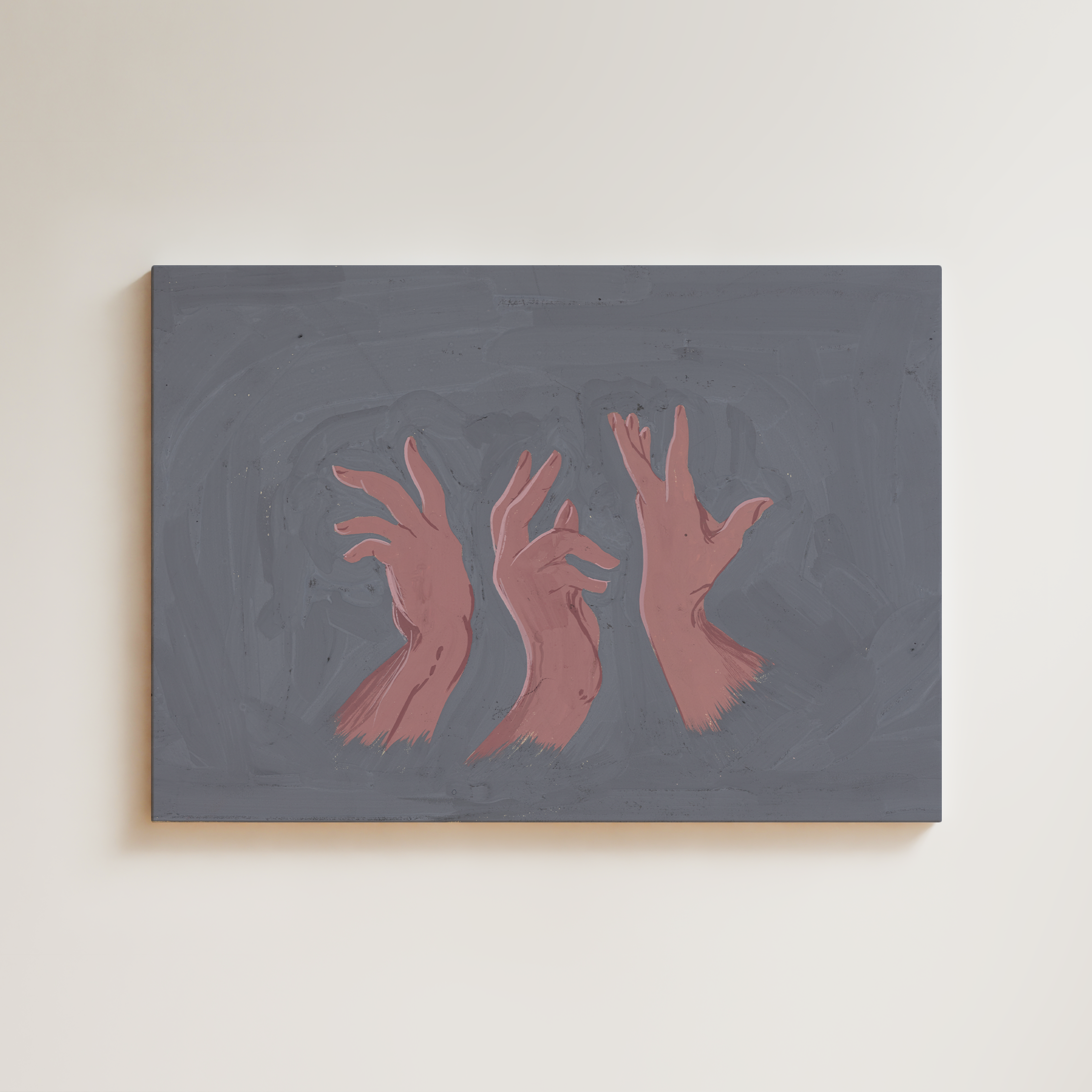 Painting of three outstretched hands in dusty rose against a muted grey ground, expressive gesturing fingers rendered as a triptych-like study, figurative oil painting, fine art giclée print