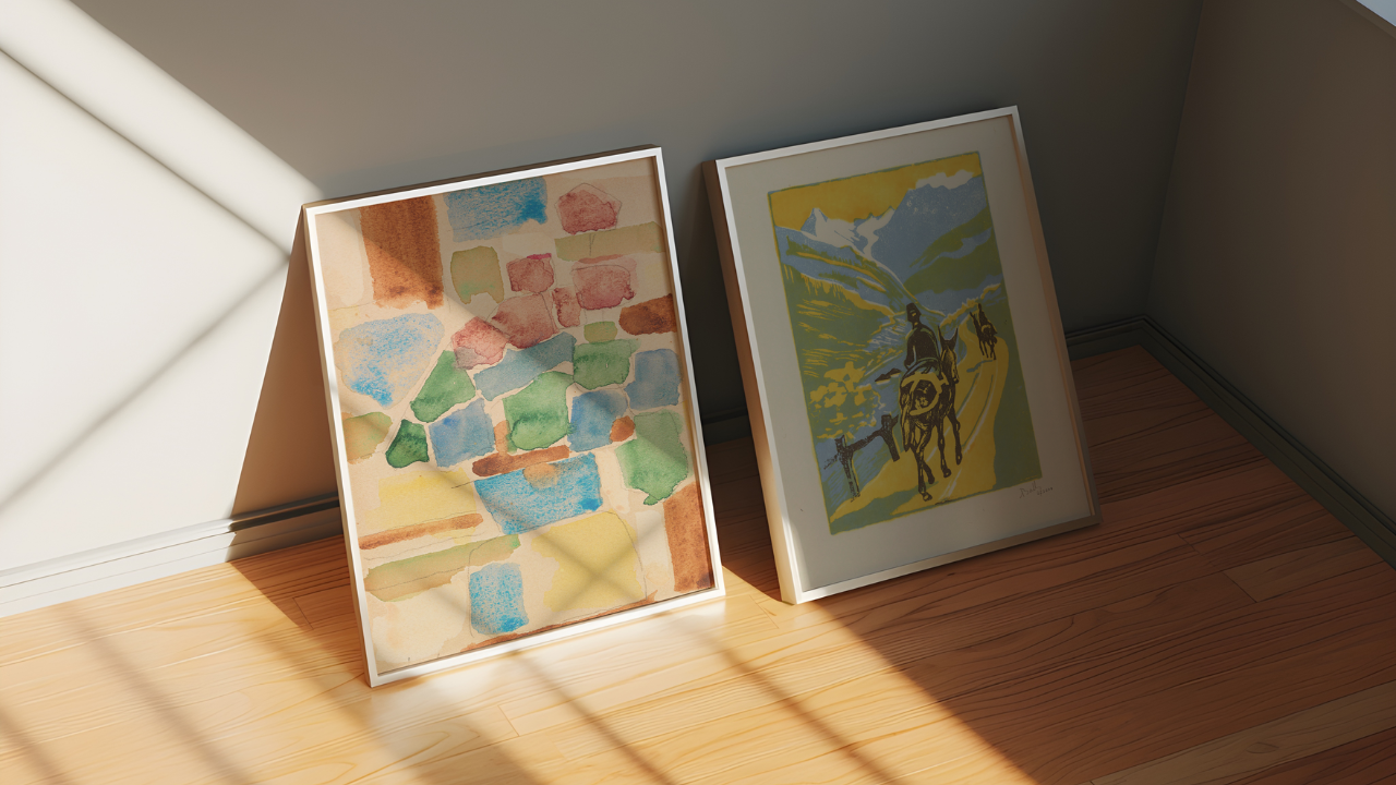 Framed vintage art print hanging on a living room wall — Verso curated fine art giclée prints