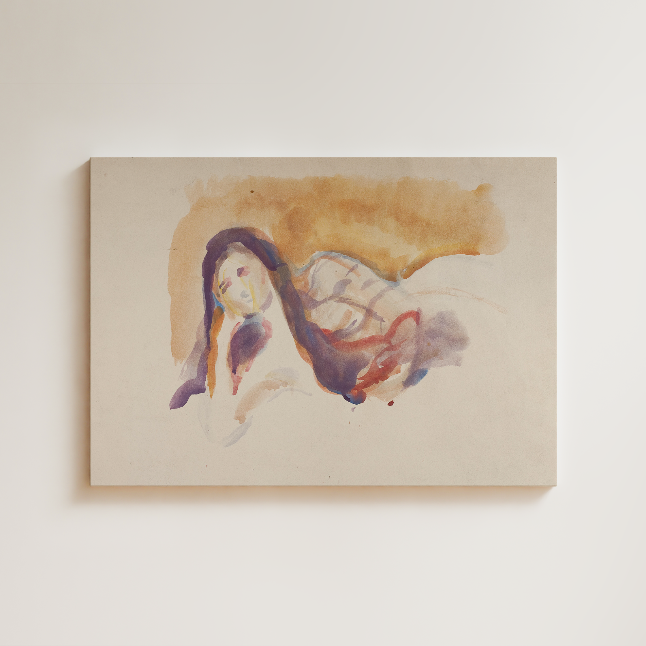 Loose watercolor of a reclining nude figure with long dark hair, washes of amber, purple, and red on a pale ground, gestural and intimate figure study, fine art giclée print